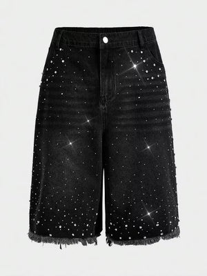 RHINESTONE DENIM JORTS - BLACK