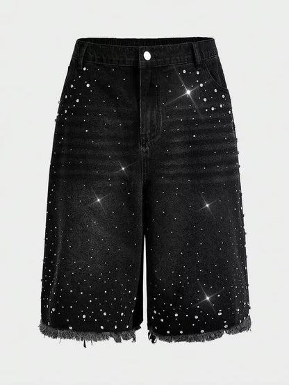 RHINESTONE DENIM JORTS - BLACK