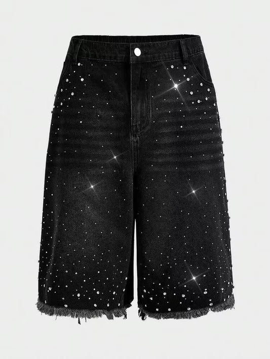 RHINESTONE DENIM JORTS - BLACK