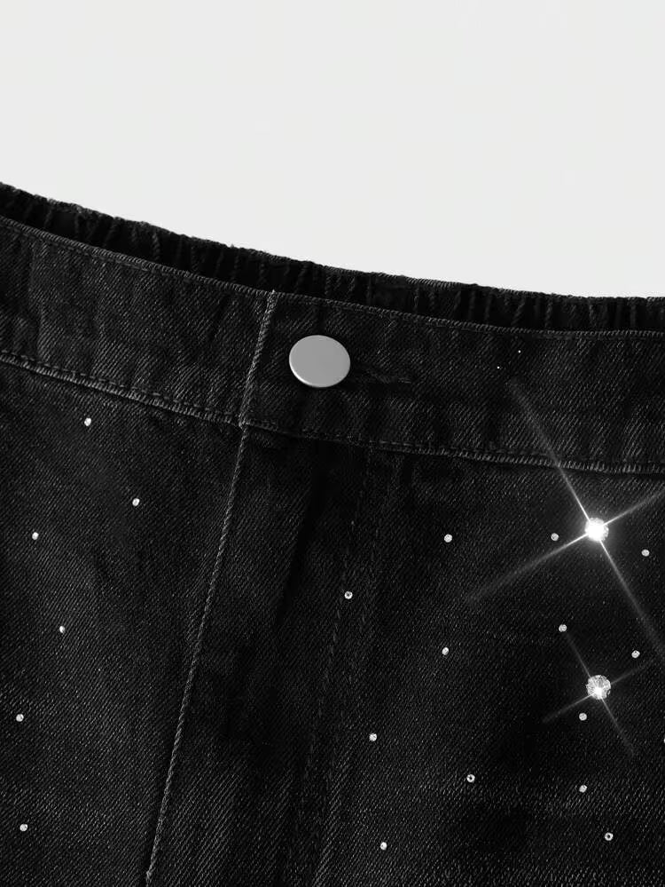 RHINESTONE DENIM JORTS - BLACK