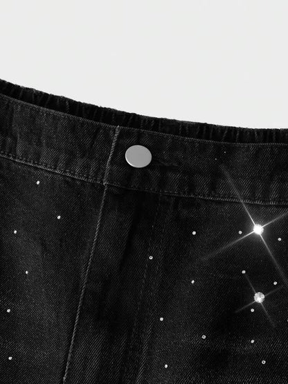 RHINESTONE DENIM JORTS - BLACK