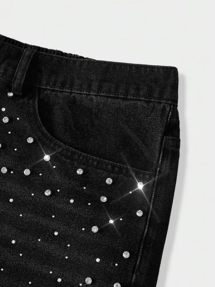 RHINESTONE DENIM JORTS - BLACK
