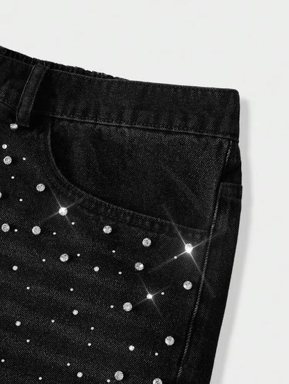 RHINESTONE DENIM JORTS - BLACK