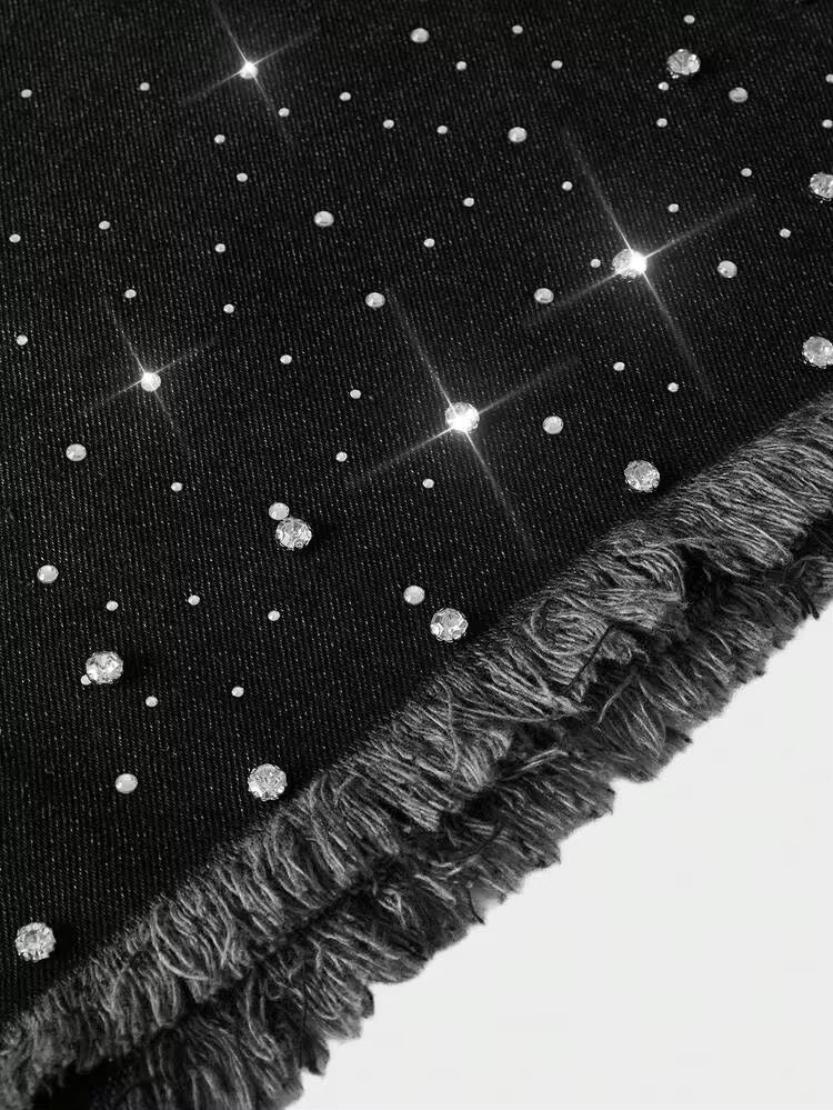 RHINESTONE DENIM JORTS - BLACK