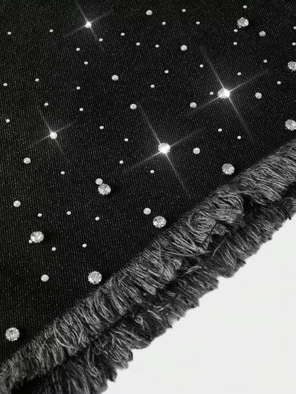 RHINESTONE DENIM JORTS - BLACK
