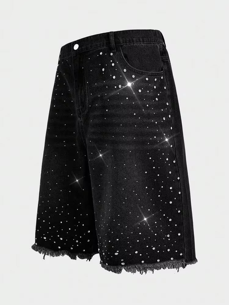 RHINESTONE DENIM JORTS - BLACK