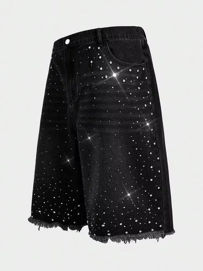 RHINESTONE DENIM JORTS - BLACK